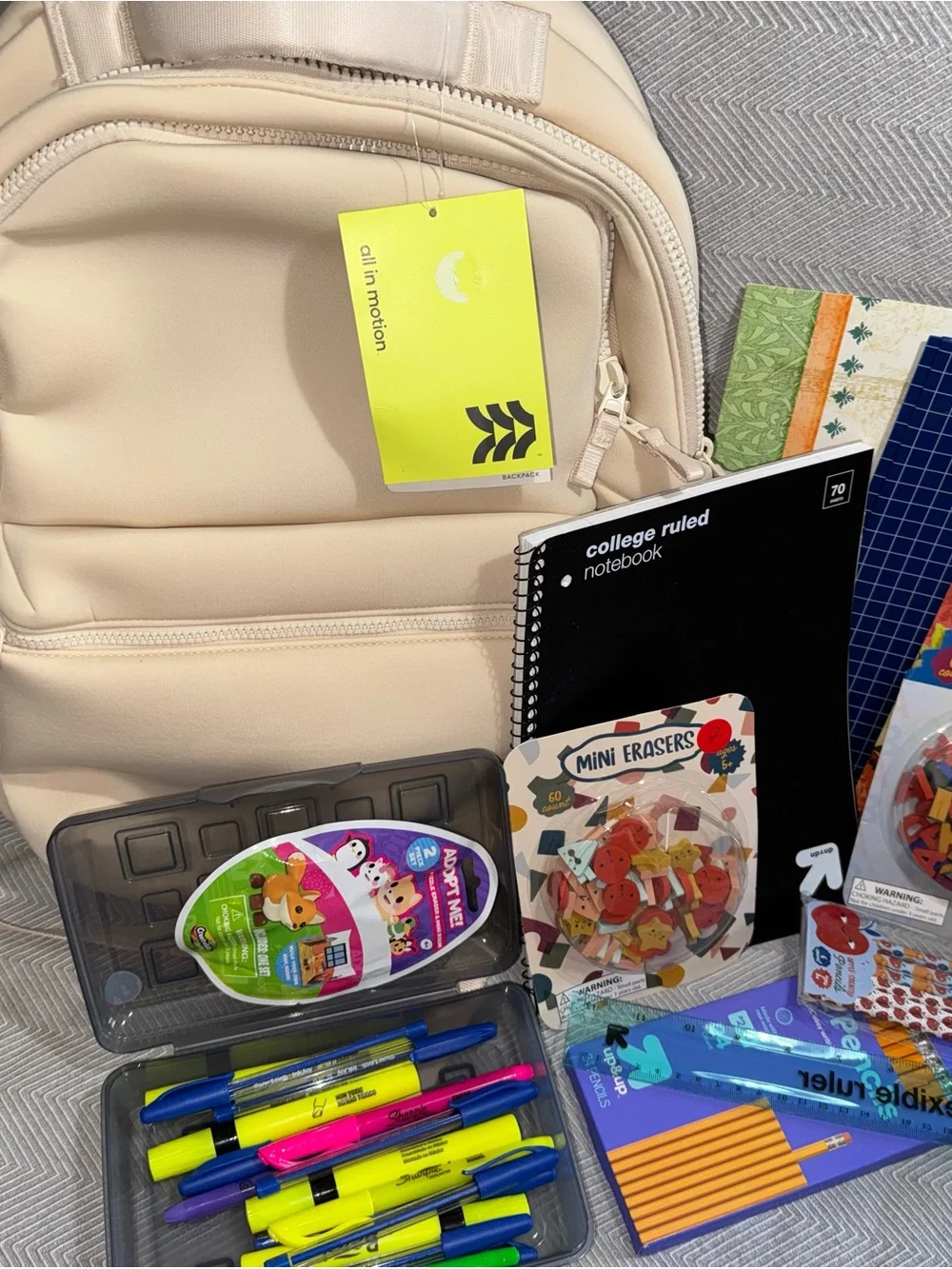 all in motion Cream Backpack with school supplies - Ready For back to school.